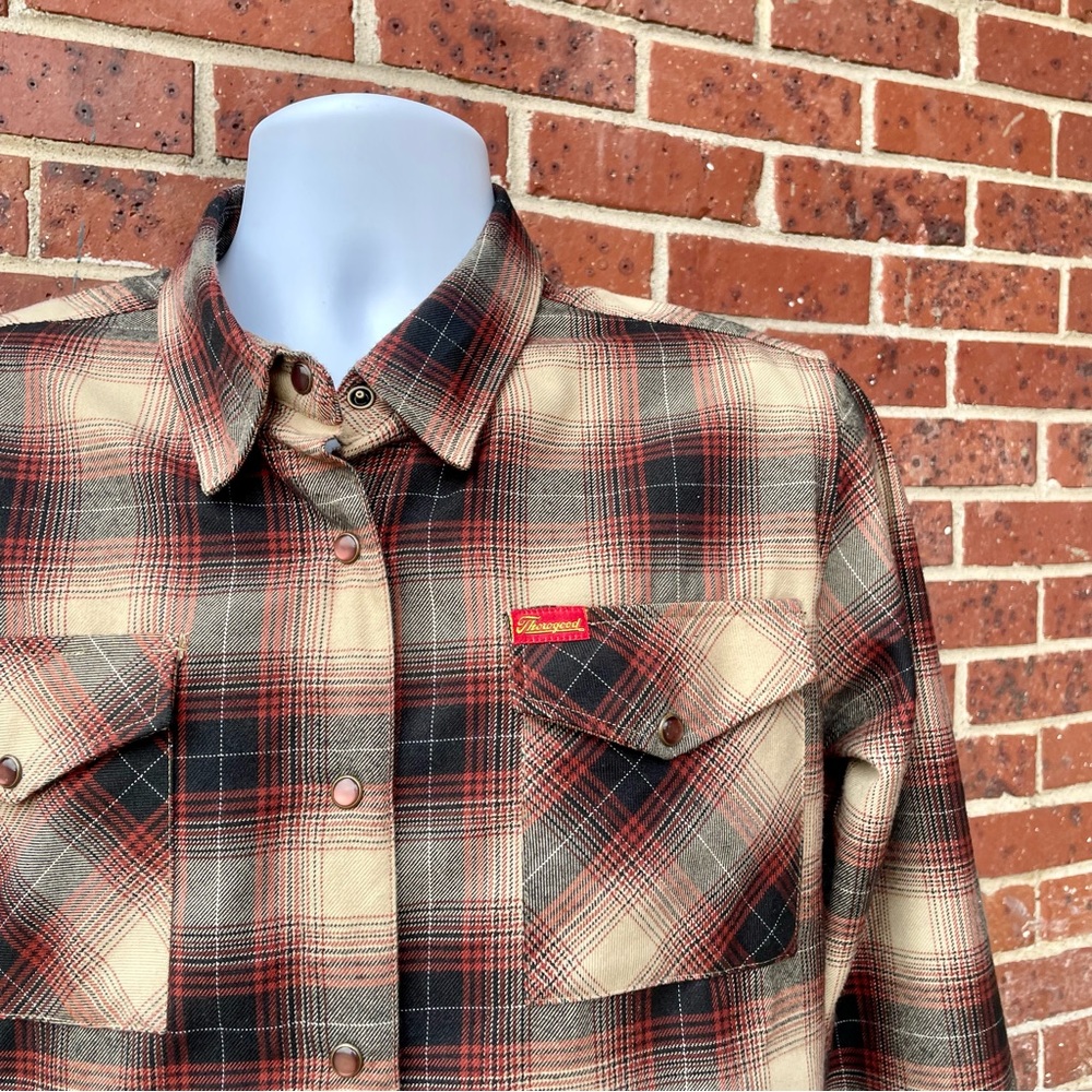 Dixxon Thorogood Tan & Red Shadow Plaid Pearl Snap Flannel Shirt Large Western